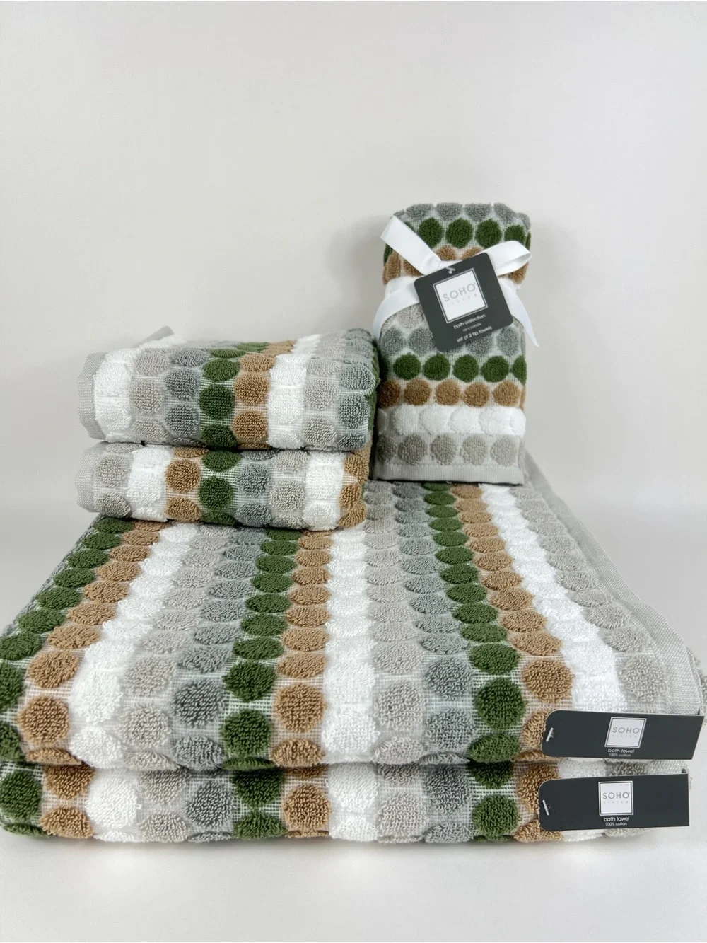Soho Living Bath Towel Set Dots and Stripes Green Tan White 100% Cotton 6 Pc NEW